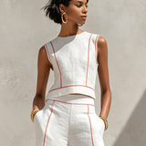 Conjunto de linho com costuras contrastantes
