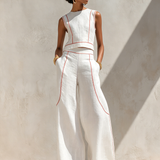 Conjunto de linho com costuras contrastantes