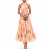 Aurora | Vestido com Decote Halter e Estampa Aquarela