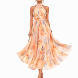 Aurora | Vestido com Decote Halter e Estampa Aquarela