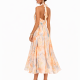 Aurora | Vestido com Decote Halter e Estampa Aquarela