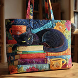 Bolso Artesanal - Gato Preto com Livros e Canecas
