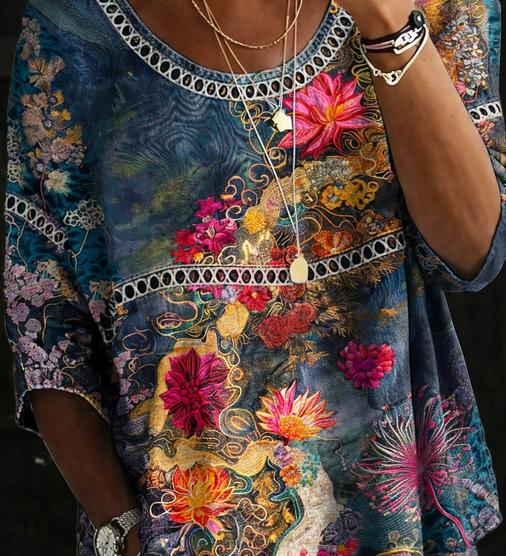 Sandra - Blusa de Denim Floral Vintage