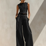 Conjunto de linho com costuras contrastantes