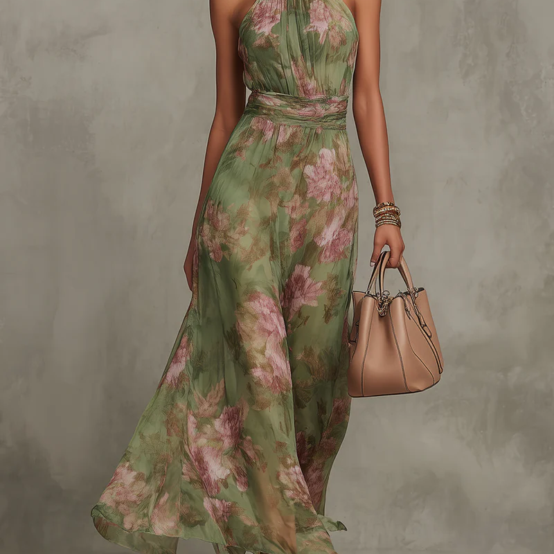 Livia | Vestido Maxi Halter Floral Elegante