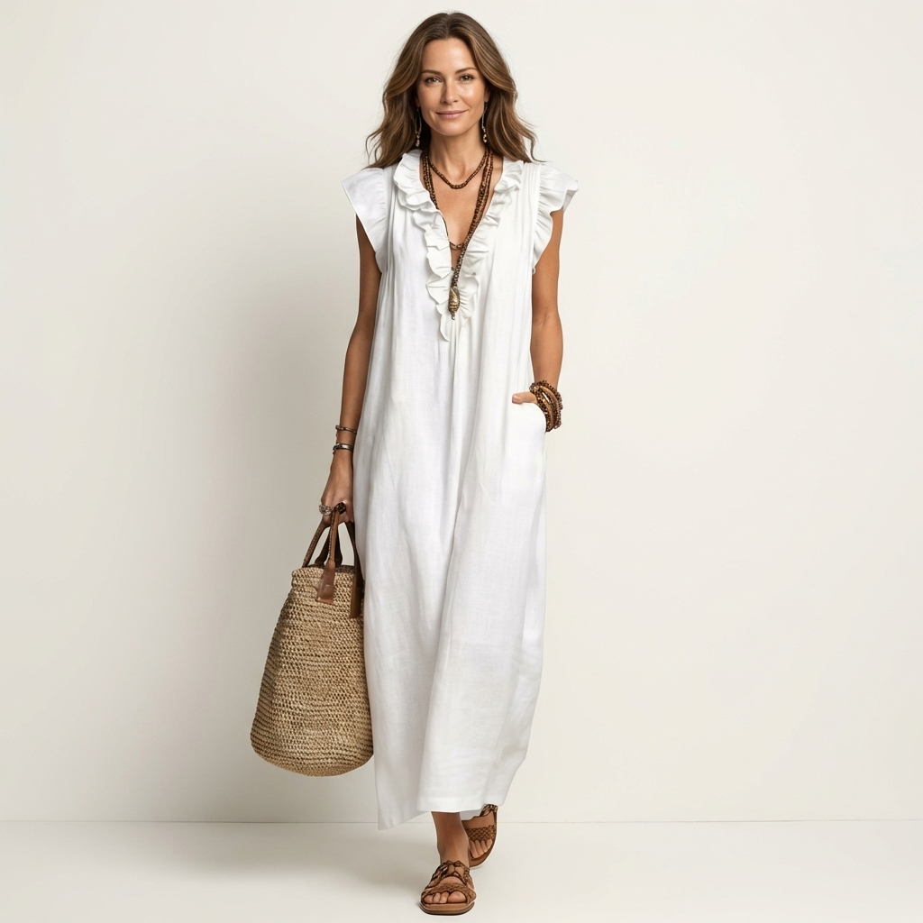 JOSETTE | VESTIDO MAXI ELEGANTE COM VOLANTES E DECOTE EM V