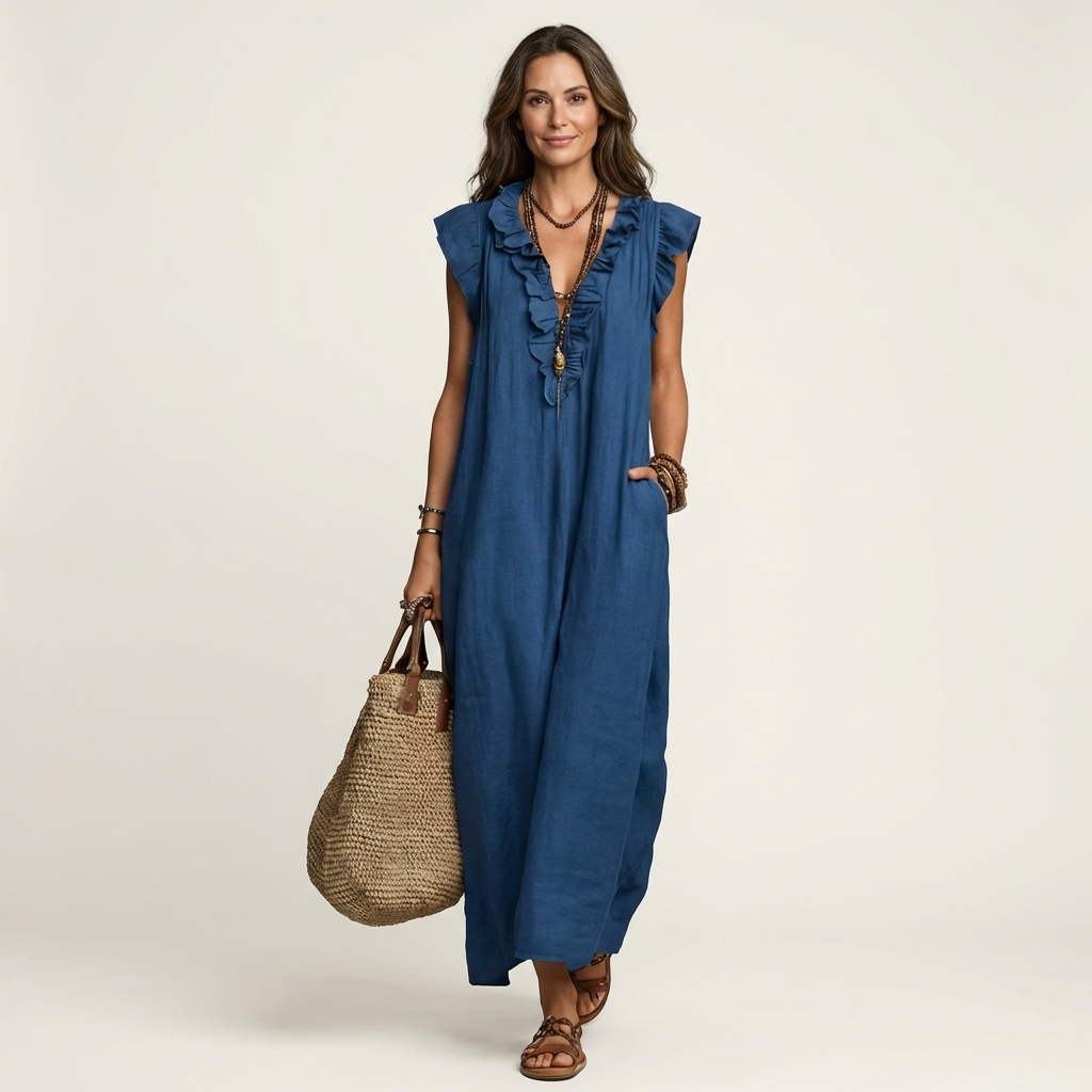 JOSETTE | VESTIDO MAXI ELEGANTE COM VOLANTES E DECOTE EM V