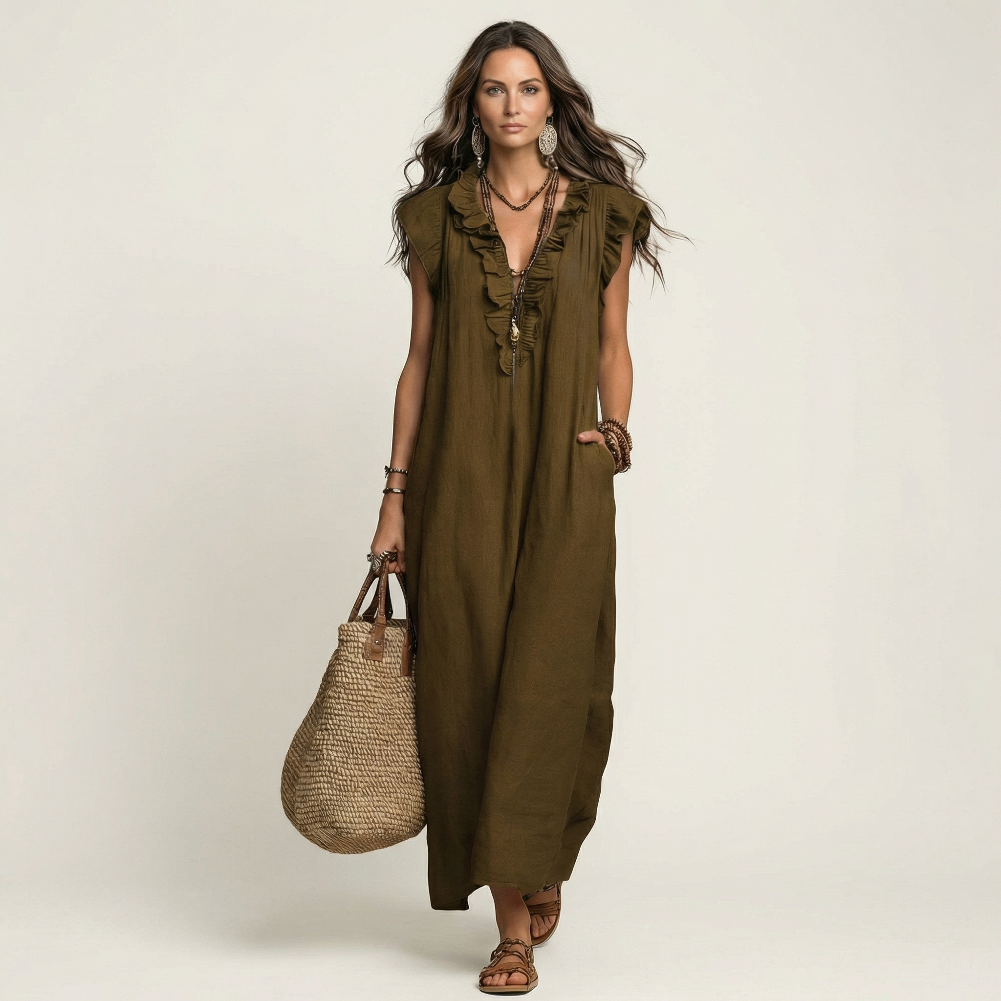 JOSETTE | VESTIDO MAXI ELEGANTE COM VOLANTES E DECOTE EM V