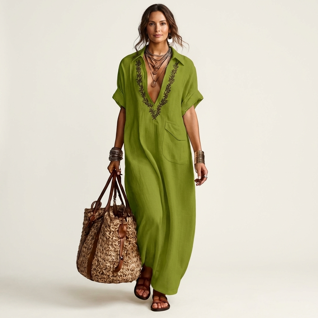 PETRA | VESTIDO MAXI DE LINHO COM COLAR V BORDADO