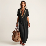 PETRA | VESTIDO MAXI DE LINHO COM COLAR V BORDADO