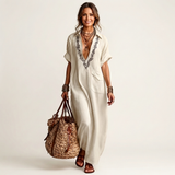 PETRA | VESTIDO MAXI DE LINHO COM COLAR V BORDADO