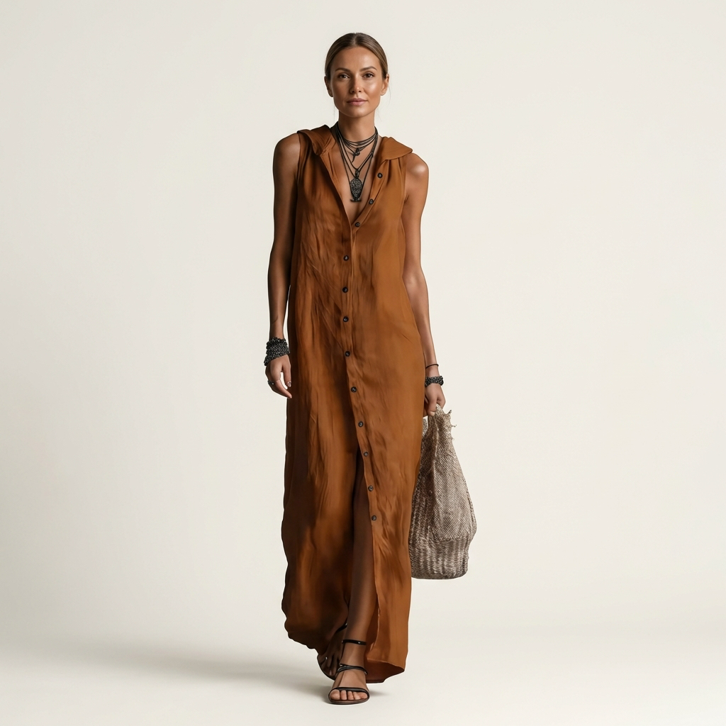 VALENTINA | VESTIDO MAXI SEM MANGAS COM CAPUZ E FECHO FRONTAL