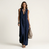 VALENTINA | VESTIDO MAXI SEM MANGAS COM CAPUZ E FECHO FRONTAL