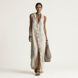 VALENTINA | VESTIDO MAXI SEM MANGAS COM CAPUZ E FECHO FRONTAL