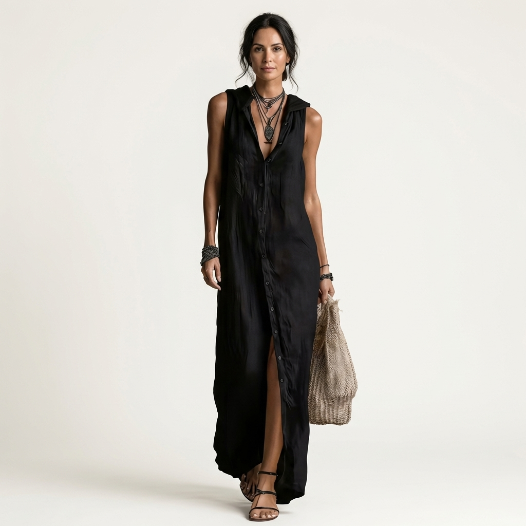 VALENTINA | VESTIDO MAXI SEM MANGAS COM CAPUZ E FECHO FRONTAL