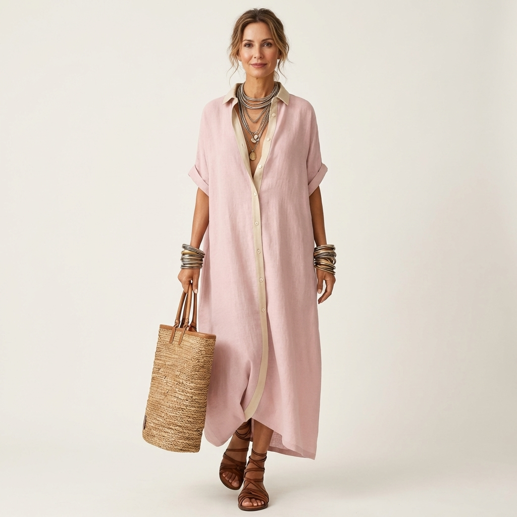 ISOLDE | VESTIDO CAMISOLA MAXI DE MANGA CURTA COM BOTÕES E COLARINHO EM CONTRASTE