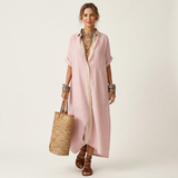 ISOLDE | VESTIDO CAMISOLA MAXI DE MANGA CURTA COM BOTÕES E COLARINHO EM CONTRASTE