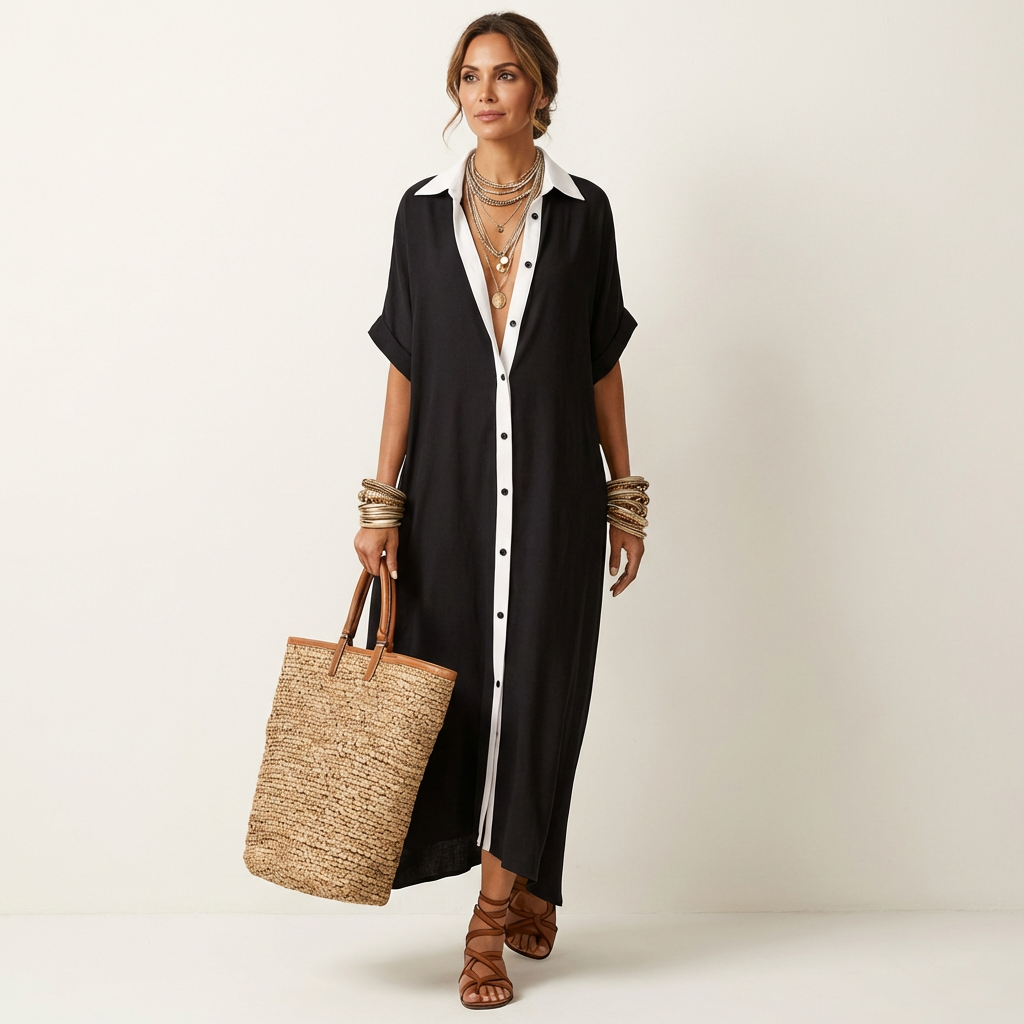 ISOLDE | VESTIDO CAMISOLA MAXI DE MANGA CURTA COM BOTÕES E COLARINHO EM CONTRASTE