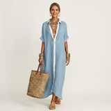 ISOLDE | VESTIDO CAMISOLA MAXI DE MANGA CURTA COM BOTÕES E COLARINHO EM CONTRASTE