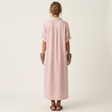 ISOLDE | VESTIDO CAMISOLA MAXI DE MANGA CURTA COM BOTÕES E COLARINHO EM CONTRASTE