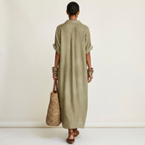 ISOLDE | VESTIDO CAMISOLA MAXI DE MANGA CURTA COM BOTÕES E COLARINHO EM CONTRASTE