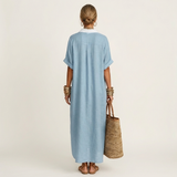 ISOLDE | VESTIDO CAMISOLA MAXI DE MANGA CURTA COM BOTÕES E COLARINHO EM CONTRASTE