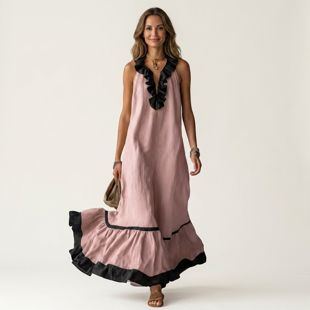 SERAPHINA | VESTIDO MAXI SEM MANGAS COM GOLA RUFFLE E ACABAMENTO EM CONTRASTE