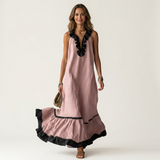 SERAPHINA | VESTIDO MAXI SEM MANGAS COM GOLA RUFFLE E ACABAMENTO EM CONTRASTE