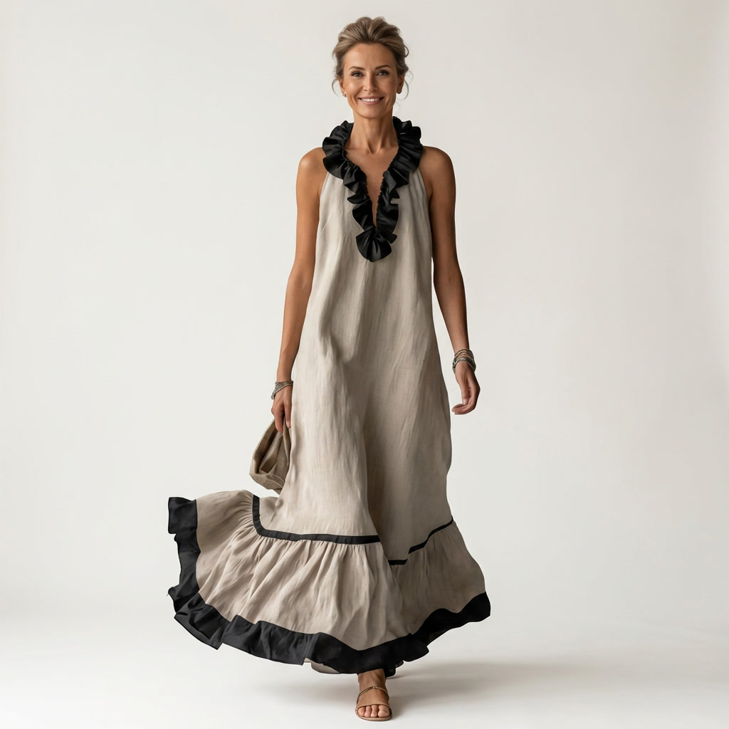 SERAPHINA | VESTIDO MAXI SEM MANGAS COM GOLA RUFFLE E ACABAMENTO EM CONTRASTE