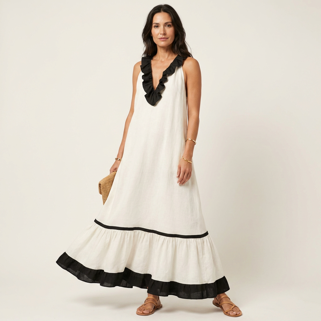 SERAPHINA | VESTIDO MAXI SEM MANGAS COM GOLA RUFFLE E ACABAMENTO EM CONTRASTE