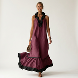 SERAPHINA | VESTIDO MAXI SEM MANGAS COM GOLA RUFFLE E ACABAMENTO EM CONTRASTE