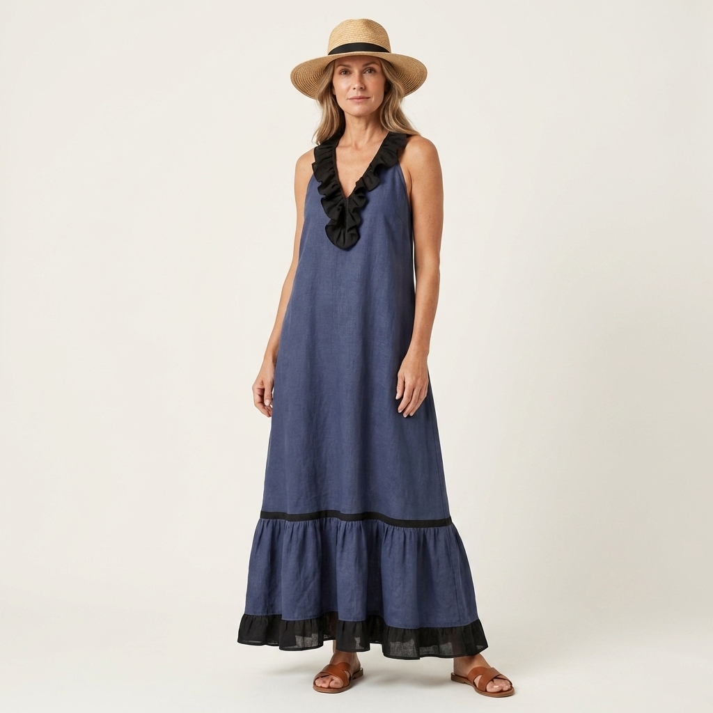 SERAPHINA | VESTIDO MAXI SEM MANGAS COM GOLA RUFFLE E ACABAMENTO EM CONTRASTE