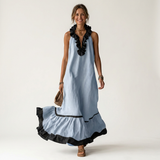 SERAPHINA | VESTIDO MAXI SEM MANGAS COM GOLA RUFFLE E ACABAMENTO EM CONTRASTE