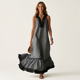 SERAPHINA | VESTIDO MAXI SEM MANGAS COM GOLA RUFFLE E ACABAMENTO EM CONTRASTE