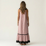 SERAPHINA | VESTIDO MAXI SEM MANGAS COM GOLA RUFFLE E ACABAMENTO EM CONTRASTE