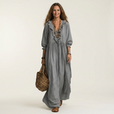 PALOMA | VESTIDO MAXI DE MANGA LANTERNA COM DECOTE EM V E BABADOS