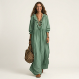 PALOMA | VESTIDO MAXI DE MANGA LANTERNA COM DECOTE EM V E BABADOS