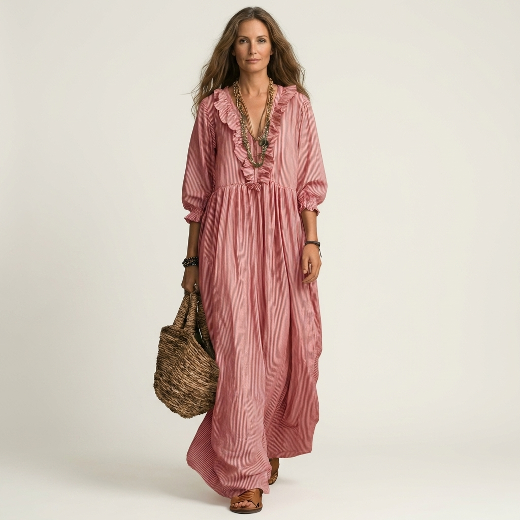PALOMA | VESTIDO MAXI DE MANGA LANTERNA COM DECOTE EM V E BABADOS