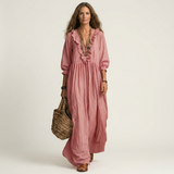 PALOMA | VESTIDO MAXI DE MANGA LANTERNA COM DECOTE EM V E BABADOS