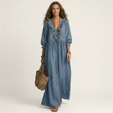 PALOMA | VESTIDO MAXI DE MANGA LANTERNA COM DECOTE EM V E BABADOS