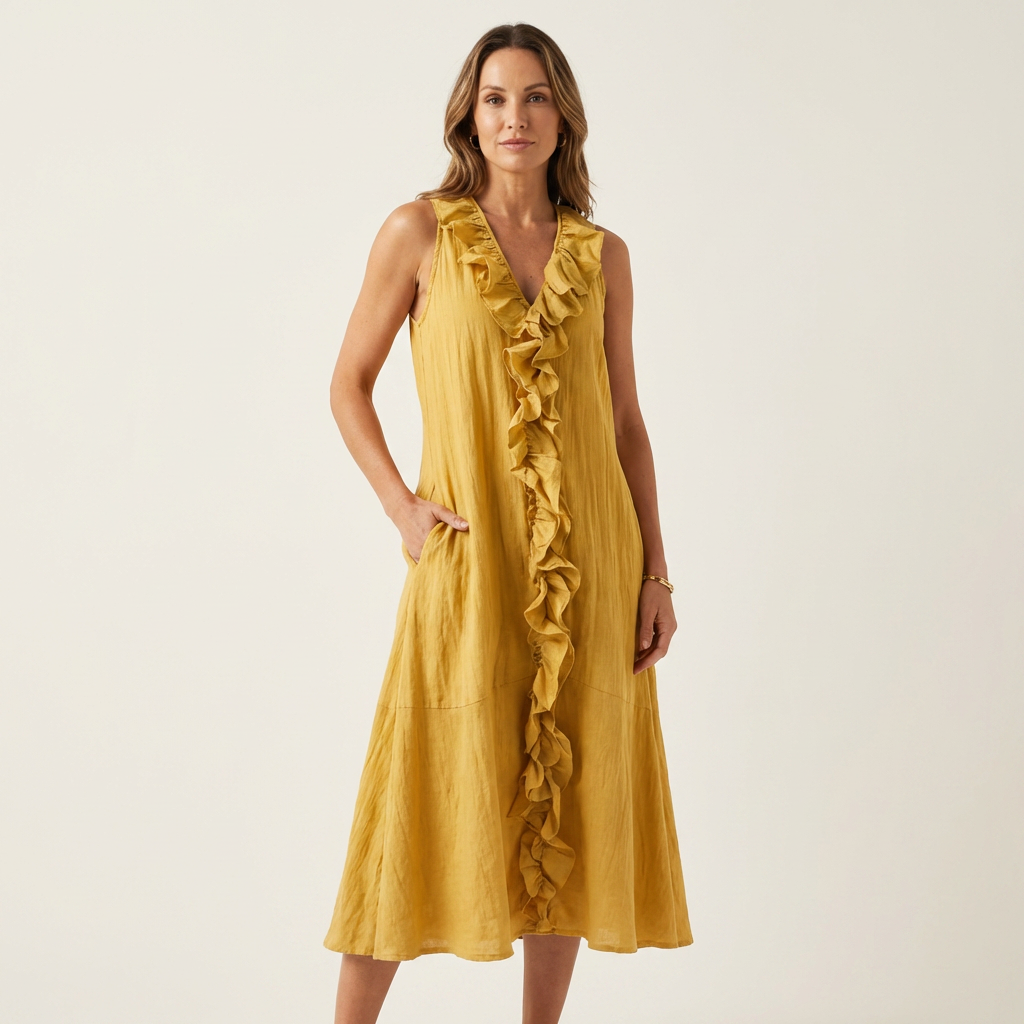 VIOLETTE | VESTIDO MAXI DE LINHO SEM MANGAS COM BABADOS NA FRENTE