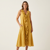 VIOLETTE | VESTIDO MAXI DE LINHO SEM MANGAS COM BABADOS NA FRENTE