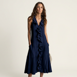 VIOLETTE | VESTIDO MAXI DE LINHO SEM MANGAS COM BABADOS NA FRENTE