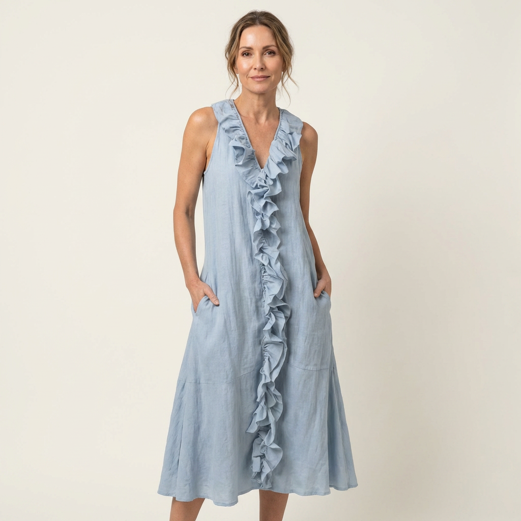 VIOLETTE | VESTIDO MAXI DE LINHO SEM MANGAS COM BABADOS NA FRENTE