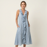 VIOLETTE | VESTIDO MAXI DE LINHO SEM MANGAS COM BABADOS NA FRENTE