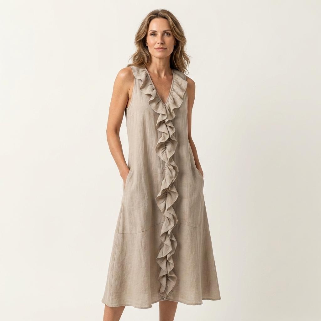 VIOLETTE | VESTIDO MAXI DE LINHO SEM MANGAS COM BABADOS NA FRENTE