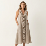 VIOLETTE | VESTIDO MAXI DE LINHO SEM MANGAS COM BABADOS NA FRENTE