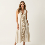 VIOLETTE | VESTIDO MAXI DE LINHO SEM MANGAS COM BABADOS NA FRENTE