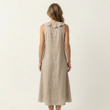 VIOLETTE | VESTIDO MAXI DE LINHO SEM MANGAS COM BABADOS NA FRENTE