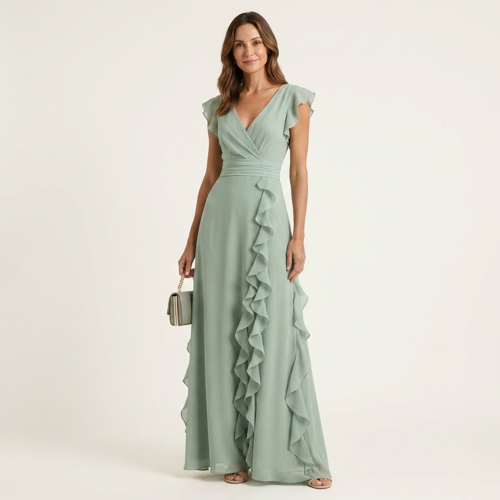 CELESTE | VESTIDO MAXI COM DECOTE EM V, MANGA FLUTUANTE E BABADOS EM CAMADAS